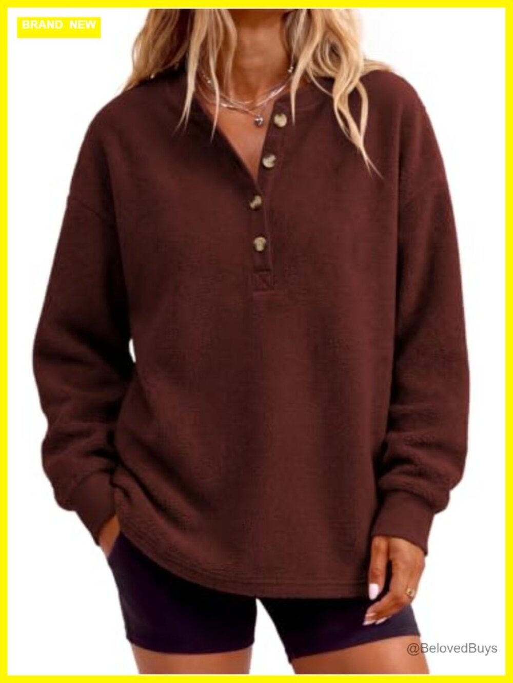 Fuzzy Sherpa Henley Sweatshirt Oversized Fleece Pullover Cozy Winter